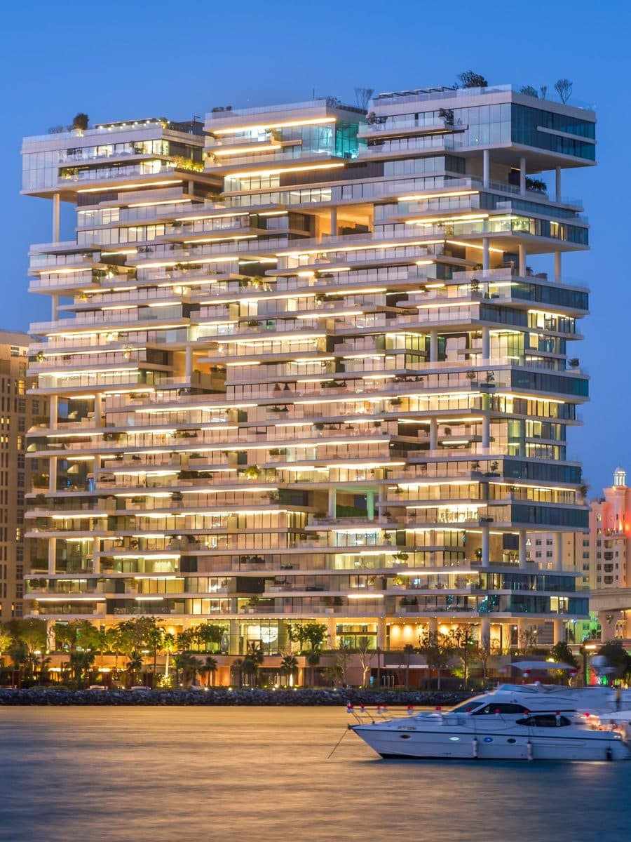 One Palm residences on the Palm Jumeirah at dusk
