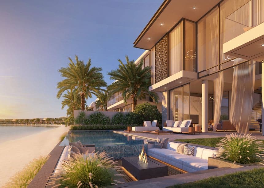 A beachfront villa terrace at sunset