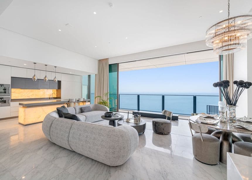 A living room with a sea view