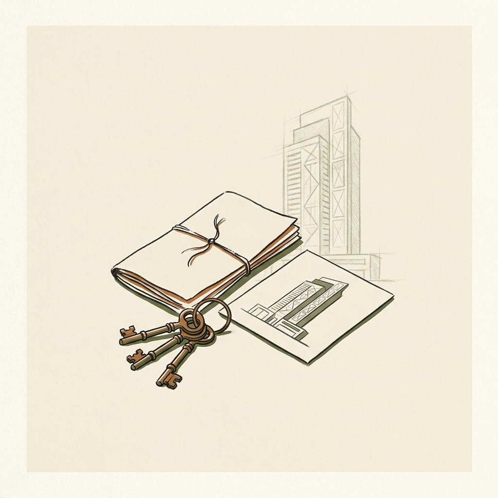 A folded title deed tied with twine, a bunch of brass keys, a faint sage sketch of a tower.