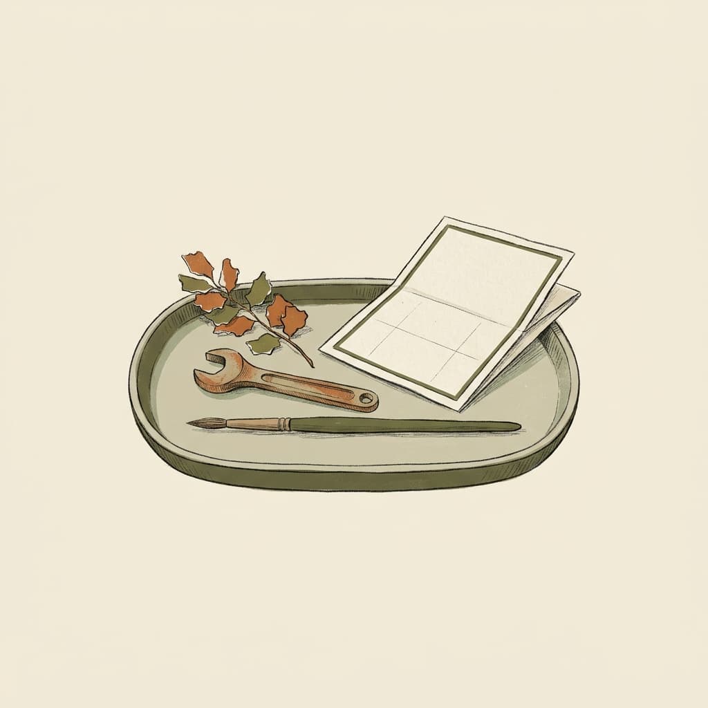 A sage tray holding a brass wrench, a fine paintbrush, an inspection card.