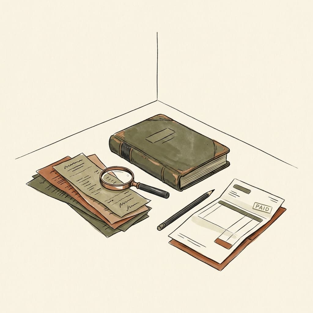 An open ledger book with handwritten entries, a magnifying glass, a small stack of receipts.