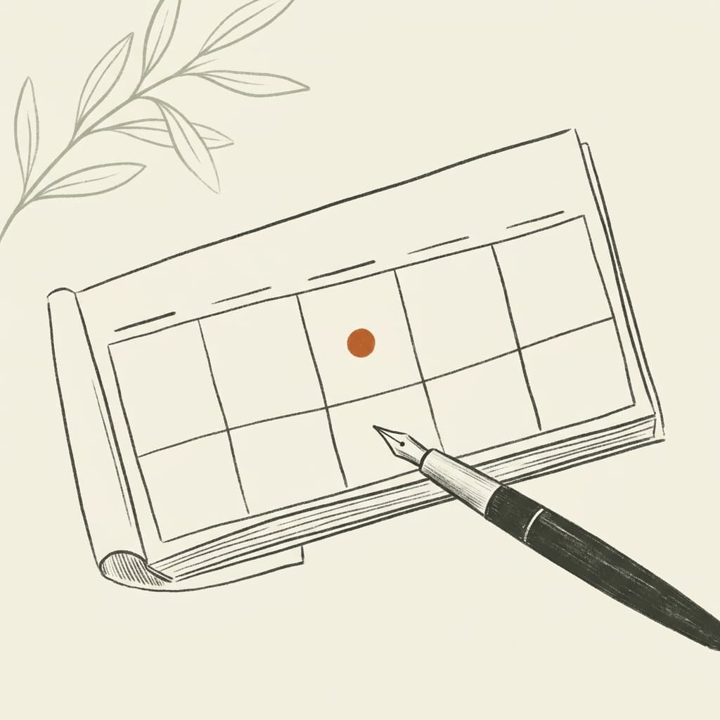 An open week-view calendar with a single terracotta dot marking a date.